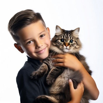 Boy holding fluffy tabby cat