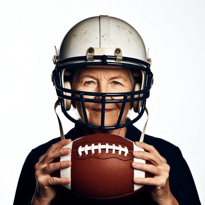 Elderly woman holding football helmet