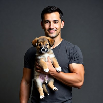 Man holding cute puppy