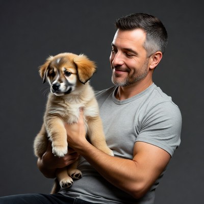 Man holding cute puppy