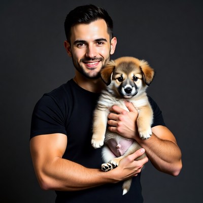 Man holding cute puppy