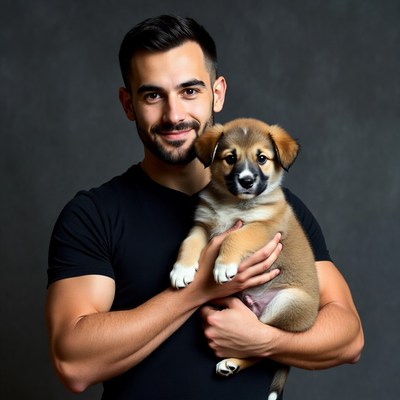 Man holding cute puppy