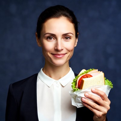 Woman holding ham sandwich