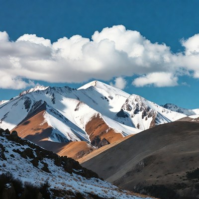 Snowy Mountains with Autumn Hills