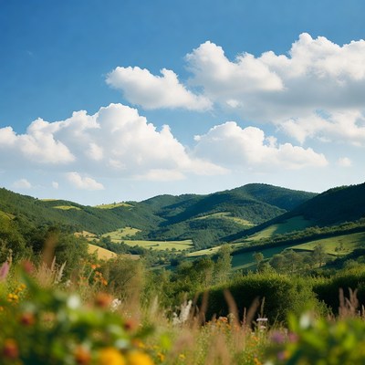 Green Mountains with Wildflowers Foreground