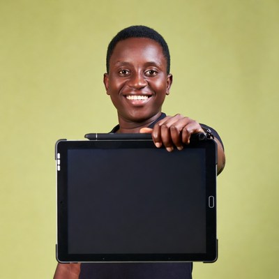 African man holding blank tablet