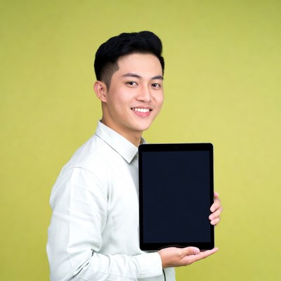 Asian man holding tablet