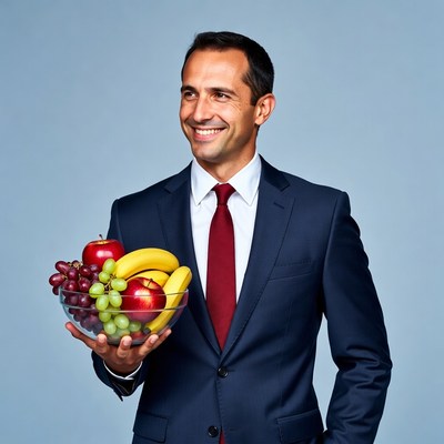 Man holding fruit bowl in suit