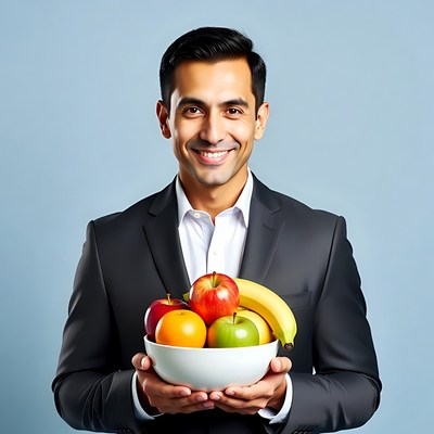 Man holding bowl of fruit