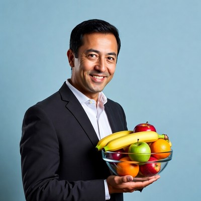 Asian man holding fruit bowl