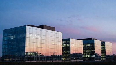 Glass Office Buildings at Sunset