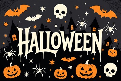 Halloween Illustration with Bats and Pumpkins