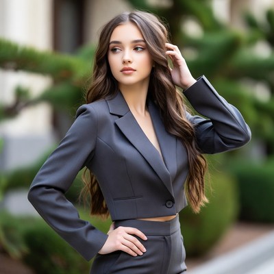 Young woman in gray suit outdoors