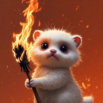 Cute white kitten holding torch