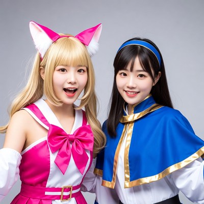 Two girls in pink and blue cosplay outfits
