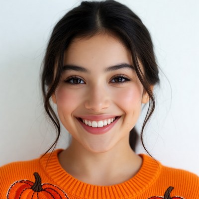 Smiling woman in orange pumpkin sweater