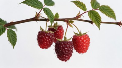 Ripe Raspberries on Green Branch