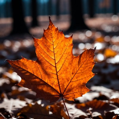 Vibrant orange maple leaf on forest floor