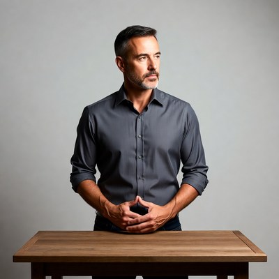 Mature man standing hands clasped