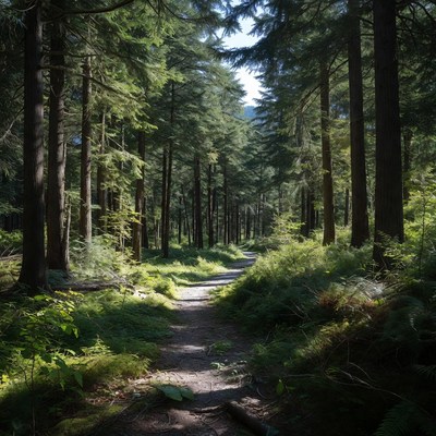Forest Path Through Tall Evergreen Trees