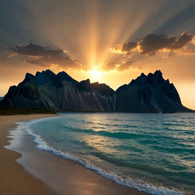 Sunset over mountains and beach