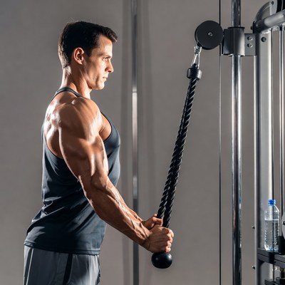 Muscular man doing cable pulldown