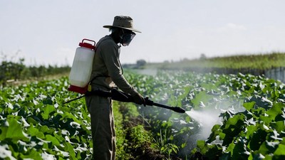 Farmer spraying pesticides on crops