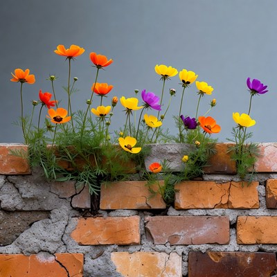 Colorful Cosmos Flowers on Brick Wall