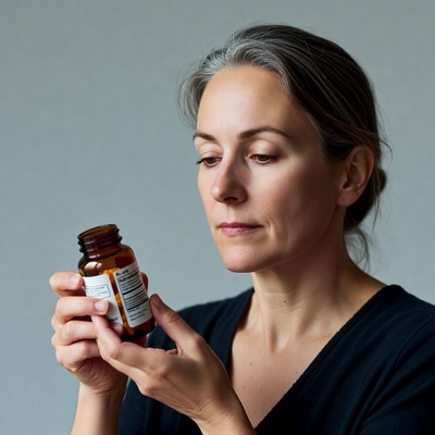 Woman examining supplement bottle