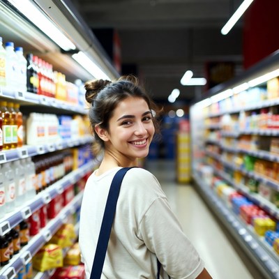Smiling woman shopping in supermarket aisle