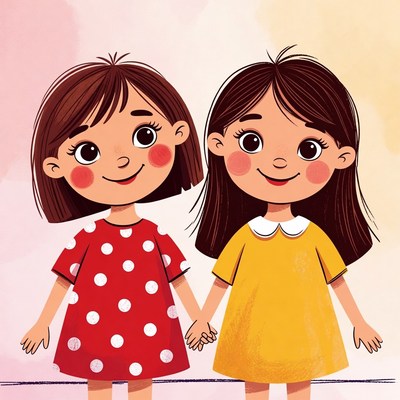 Two girls holding hands illustration