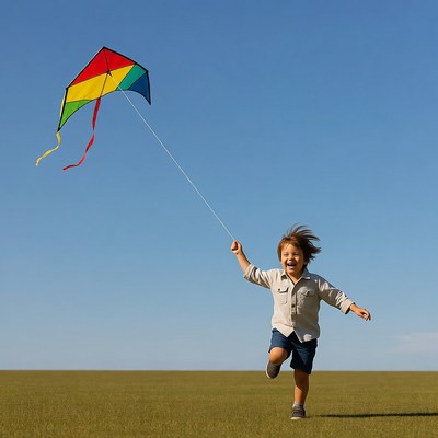 Boy flying colorful kite in field