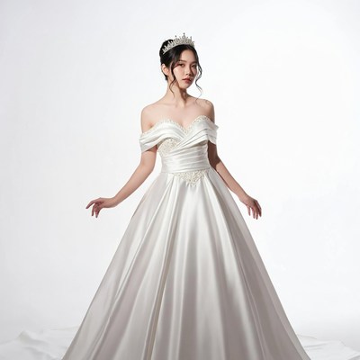 Asian woman in white off-shoulder gown