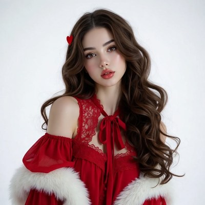 Woman in red lace dress with fur