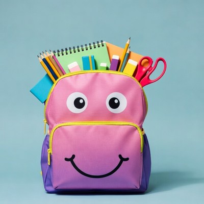Pink cartoon backpack with school supplies