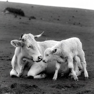 Mother Cow and Calf on Grass