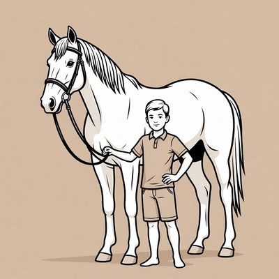 Boy holding white horse lead