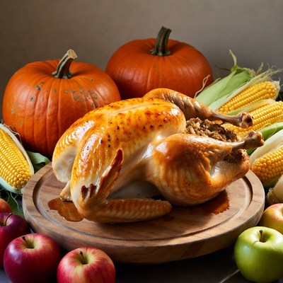 Roasted Turkey with Pumpkins and Corn