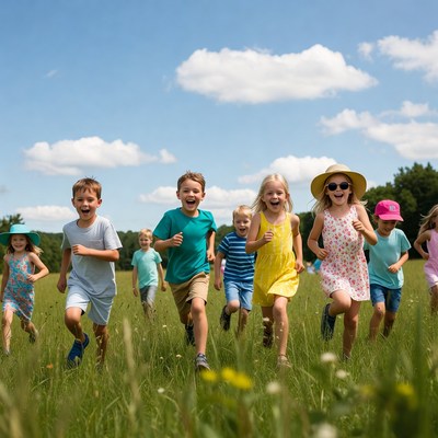 Children running in grassy field