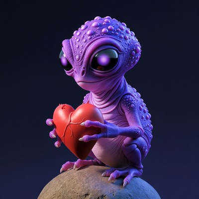 Purple Alien Holding Red Heart