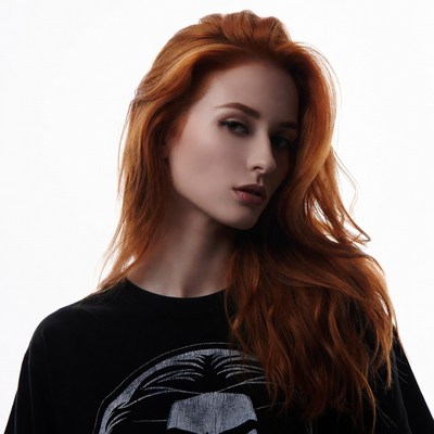 Redhead woman in skull t-shirt