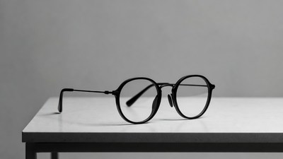 Black round eyeglasses on white table