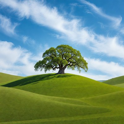 Lone Oak Tree on Green Hill