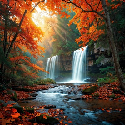 Autumn Waterfall in Forest