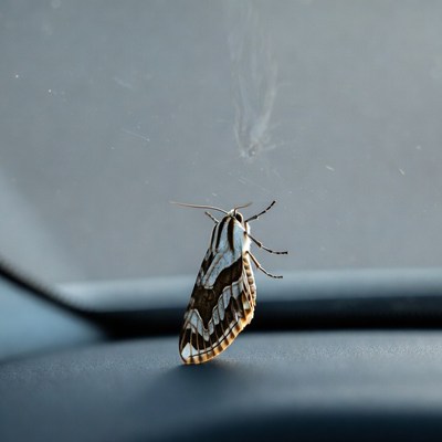 White-striped moth on gray surface