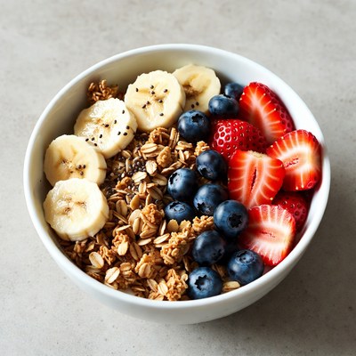 Bowl of Yogurt with Bananas Blueberries Strawberries
