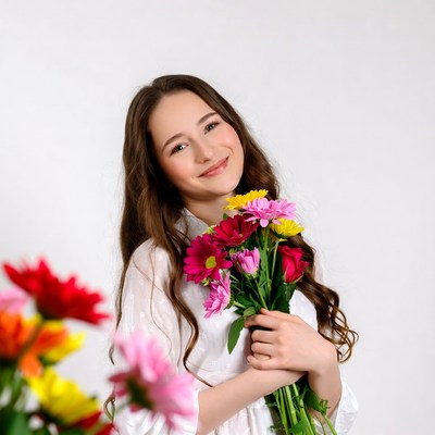Girl holding colorful bouquet