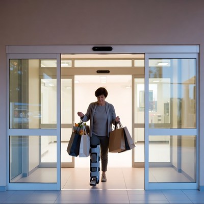 Elderly woman with groceries on leg brace