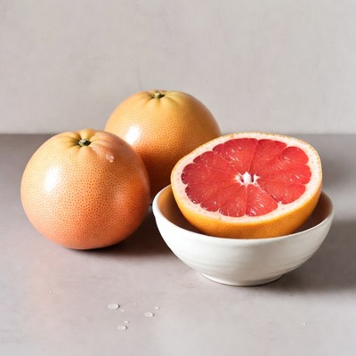 Whole and halved grapefruits on table