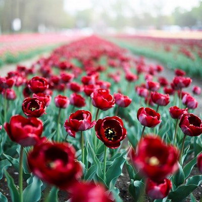 Red Tulip Field Rows
